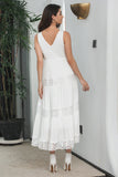 Simple Tea-length Lace White Sleeveless Boho Beach Graduation Dress