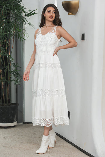 Simple Tea-length Lace White Sleeveless Boho Beach Graduation Dress