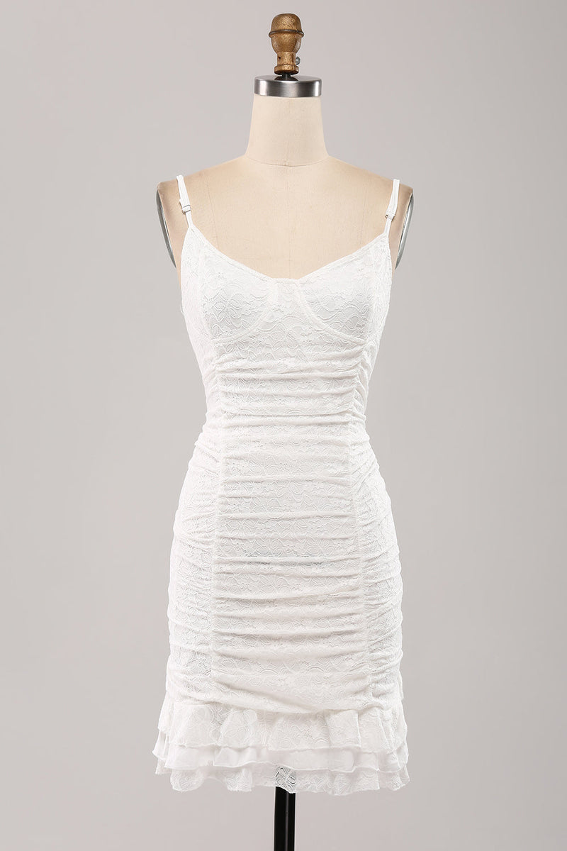 Load image into Gallery viewer, Spaghetti Straps Bodycon Pleated Lace Little White Graduation Dress