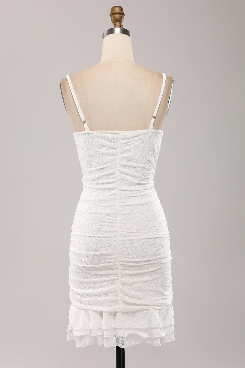 Load image into Gallery viewer, Spaghetti Straps Bodycon Pleated Lace Little White Graduation Dress