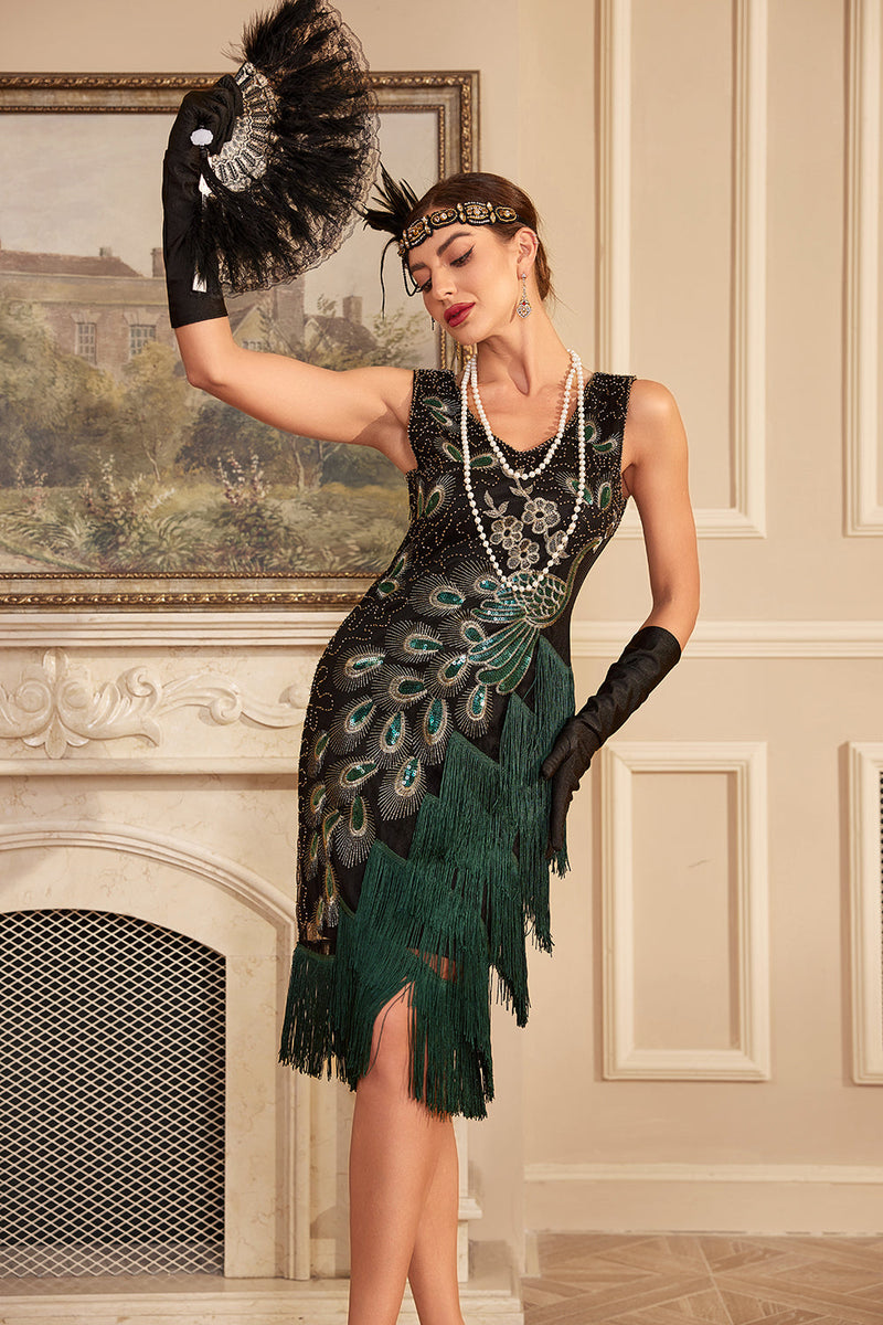 Load image into Gallery viewer, Sparkly Black Sequins Fringed 1920s Flapper Dress