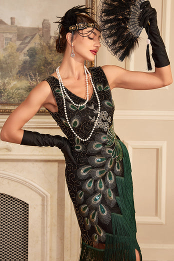 Sparkly Black Sequins Fringed 1920s Flapper Dress