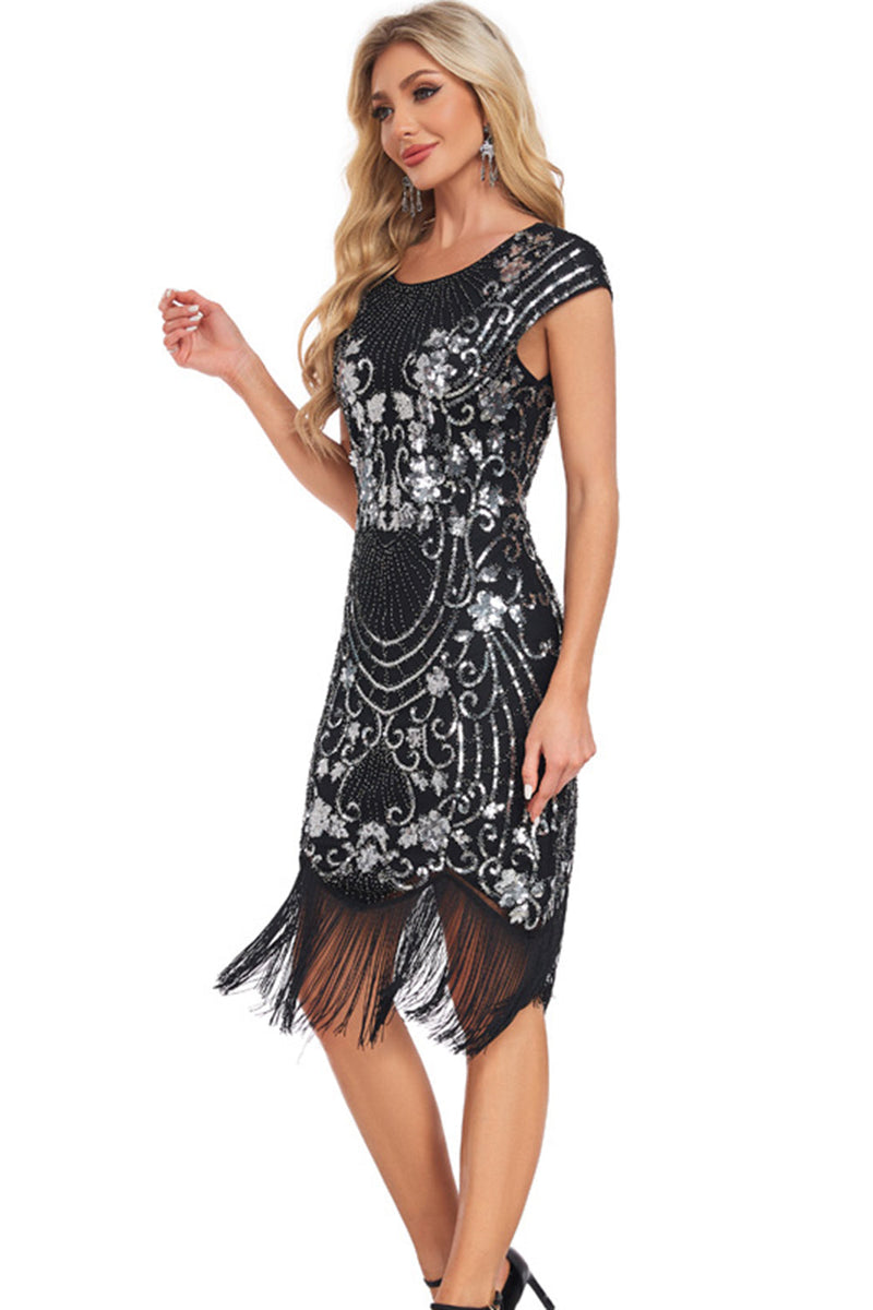 Load image into Gallery viewer, Black Sheath Cap Sleeves Sequins 1920s Flapper Dress with Fringes