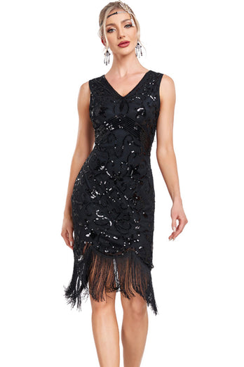 Sparkly Black Sequins V-Neck 1920s Flapper Dress with Fringes