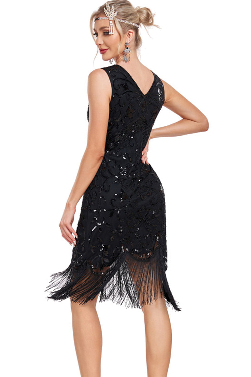 Load image into Gallery viewer, Sparkly Black Sequins V-Neck 1920s Flapper Dress with Fringes