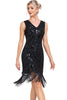 Load image into Gallery viewer, Sparkly Black Sequins V-Neck 1920s Flapper Dress with Fringes