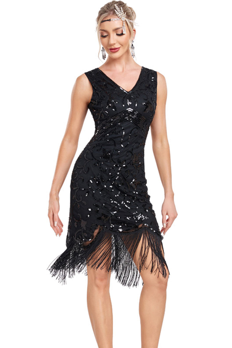 Load image into Gallery viewer, Sparkly Black Sequins V-Neck 1920s Flapper Dress with Fringes