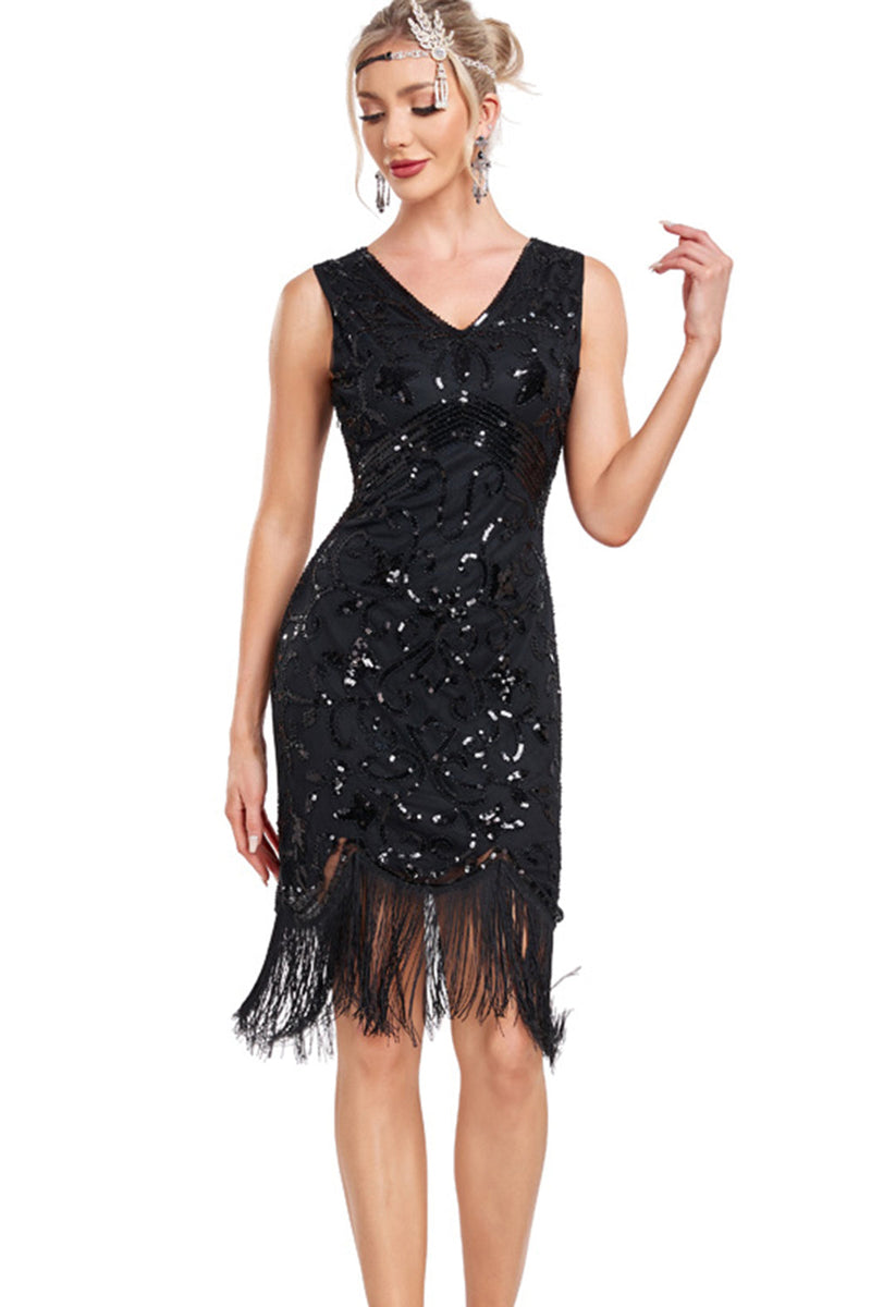 Load image into Gallery viewer, Sparkly Black Sequins V-Neck 1920s Flapper Dress with Fringes