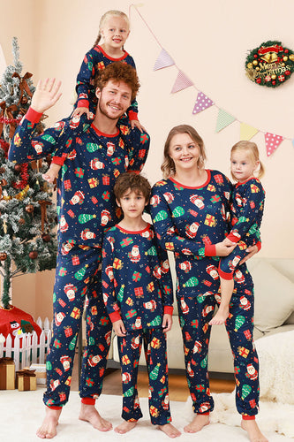 Navy Christmas Pattern Printed Family Pajamas Set