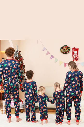 Navy Christmas Pattern Printed Family Pajamas Set