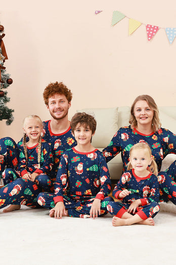 Navy Christmas Pattern Printed Family Pajamas Set