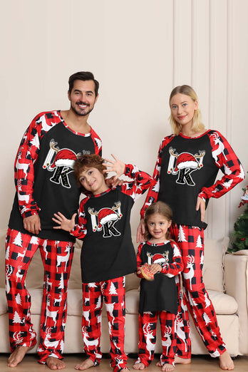 Black Red Deer Pattern Family Christmas Pajamas with Long Sleeve