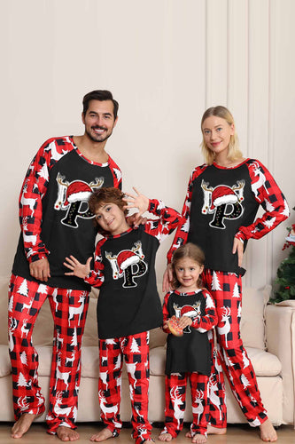 Black and Red Tree and Deer Printed Family Christmas Pajamas