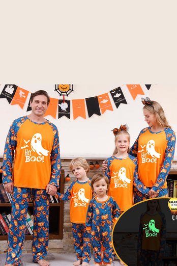 Orange Pumpkin Print Family Halloween Pajamas (Long Sleeves)