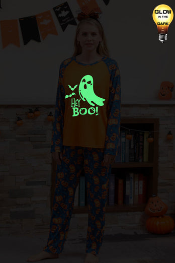 Orange Pumpkin Print Family Halloween Pajamas (Long Sleeves)