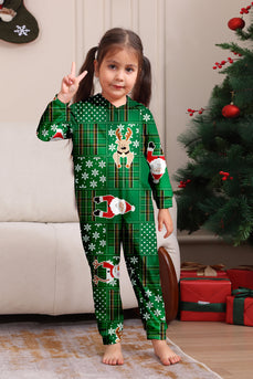 Green Snowflake Plaid Family Pajamas with Reindeer Hood