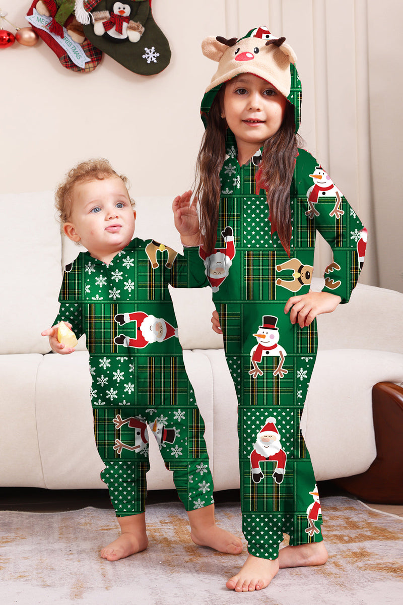 Load image into Gallery viewer, Green Snowflake Plaid Family Pajamas with Reindeer Hood