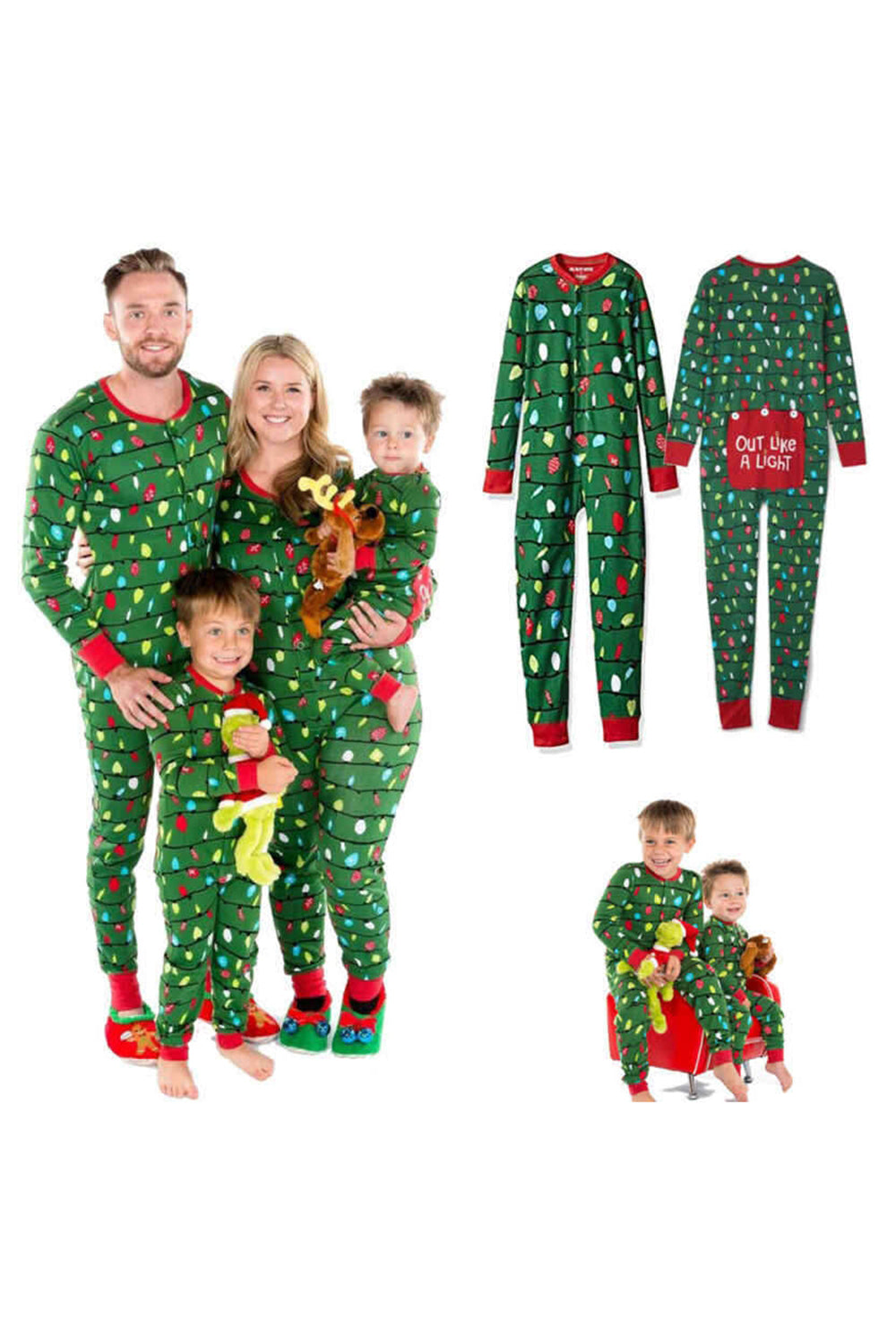 Dark Green Colorful Lights Printed Christmas One Piece Family Pajama