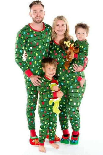 Dark Green Colorful Lights Printed Christmas One Piece Family Pajama