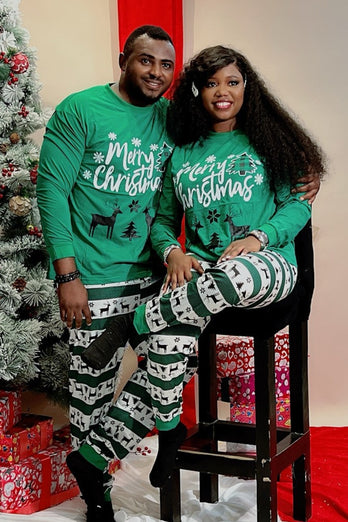 Dark Green Merry Christmas Printed Family Pajama Sets