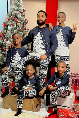 Christmas Family Navy Flannel White Christmas Tree Pajamas Set