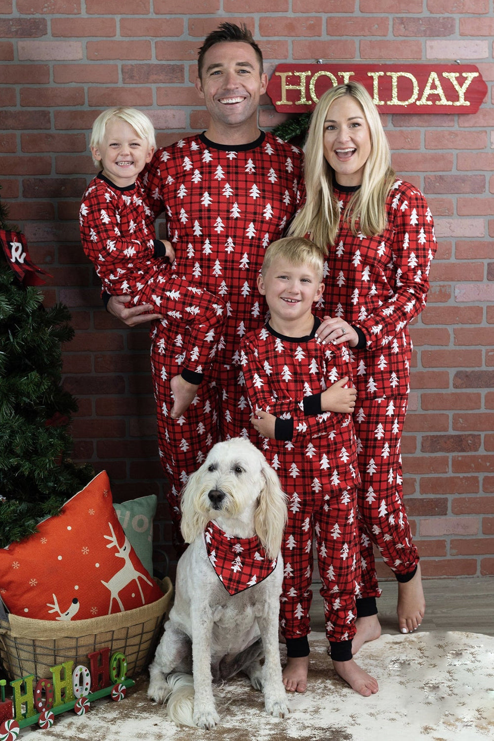 Loose Christmas Soft Pajamas Red Plaid Christmas Tree Printed Warm Fashion Pajama Set