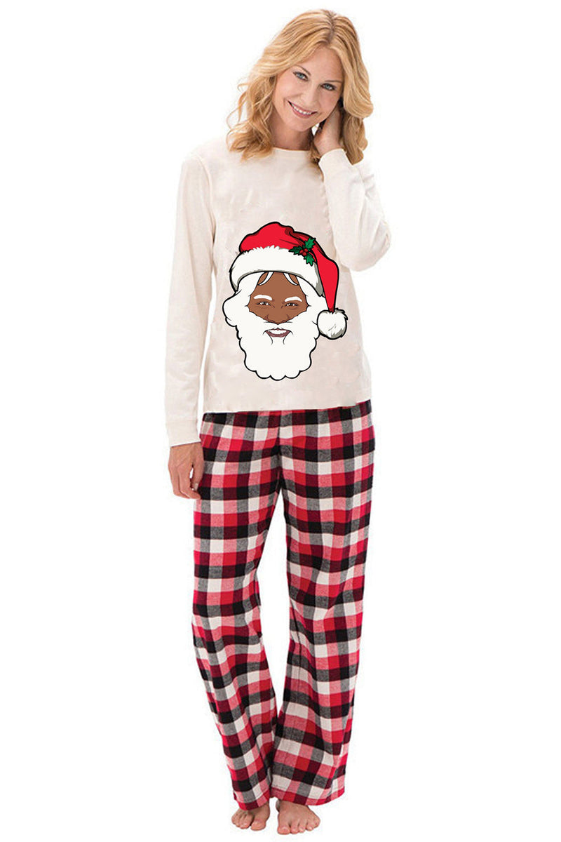 Load image into Gallery viewer, New Family Christmas Cartoon Santa Claus Long Sleeve Top with Plaid Pants White Christmas Pajamas Set