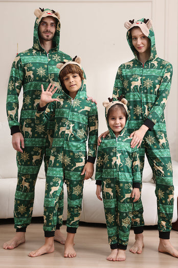 Dark Green Deer and Snowflake Print Pajamas Set for Men and Women Couples Family