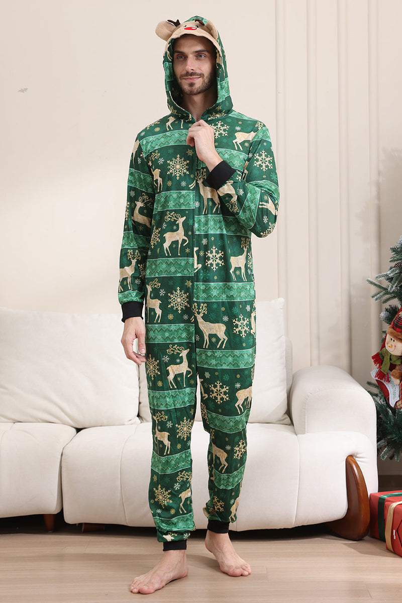 Load image into Gallery viewer, Dark Green Deer and Snowflake Print Pajamas Set for Men and Women Couples Family