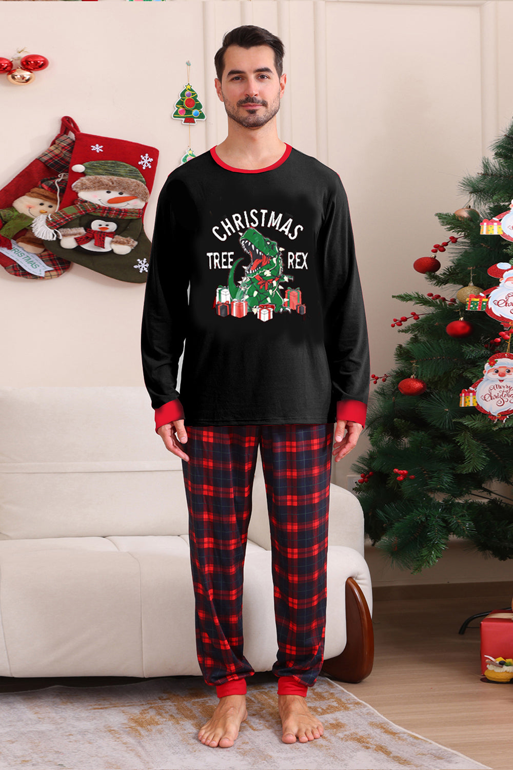 Black Red Family Matching Pajamas Adult Kids Baby Tops and Plaid Pants Christmas Pajamas Set