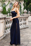 Back Blue Mermaid Spaghetti Straps Long Wedding Party Dress with Slit