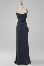 Black Blue Spaghetti Straps Mermaid Pleated Long Bridesmaid Dress with Slit