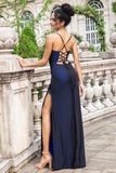 Black Blue Spaghetti Straps Mermaid Pleated Long Bridesmaid Dress with Slit