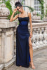 Load image into Gallery viewer, Black Blue Spaghetti Straps Mermaid Pleated Long Bridesmaid Dress with Slit