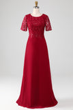 Burgundy A Line Round Neck Long Choir Dress With Sequins