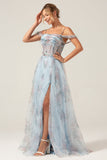 Cold Shoulder A-Line Blue Printed Long Corset Prom Dress with Slit
