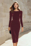Dark Green Sheath Velvet Long Sleeve Midi Work Dress