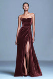 Strapless Burgundy Velvet A Line Formal Dress with Slit