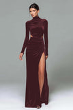 Black Velvet High Neck Long Sleeves Formal Dress with Slit