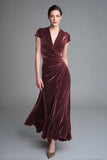 Velvet Caramel Ruched V Neck Long Formal Dress