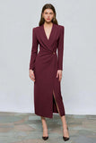 Red Peak Lapel Sheath Long Sleeve Work Dress with Slit