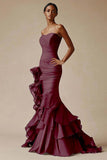 Black Strapless Organza Saitn Ruched Ruffled Mermaid Formal Dress