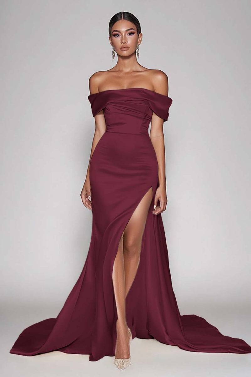 Load image into Gallery viewer, Champagne Off The Shoulder Satin Long Mermaid Formal Dress with Slit
