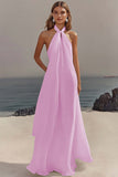 White Sheath Halter Chiffon Long Graduation Dress