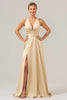 Load image into Gallery viewer, Pink A Line V-Neck Backless Satin Long Bridesmaid Dress with Slit