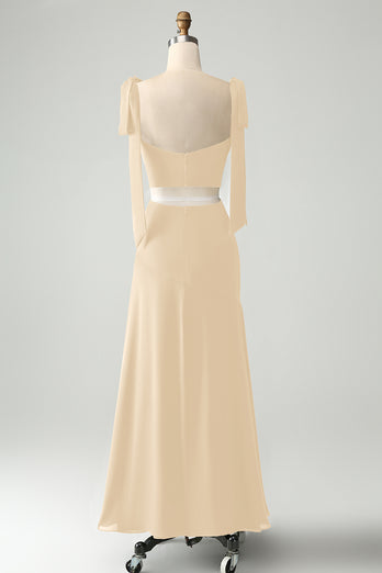 Olive A Line Spaghetti Straps Floor Length Wedding Guest Dress with Slit