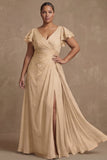 Dusty Sage Plus Size A Line Flutter Sleeves Ruched Mother Of The Bride Dress with Slit