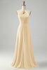 Load image into Gallery viewer, Yellow A Line Halter Cut Out Long Bridesmaid Dress with Flower