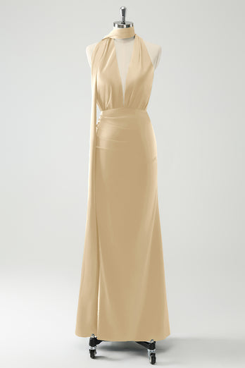 Peacock Sheath Halter Backless Bridesmaid Dress with Slit