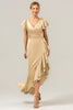 Load image into Gallery viewer, Olive A Line V Neck Satin Asymmetrical Bridesmaid Dress with Ruffle Slit